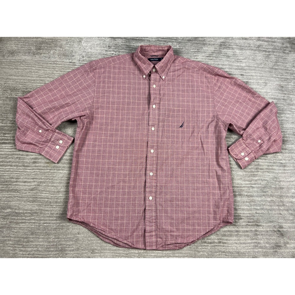 Nautica Button Down Mens Large Maroon Windowpane Check Long Sleeve Cotton Shirt